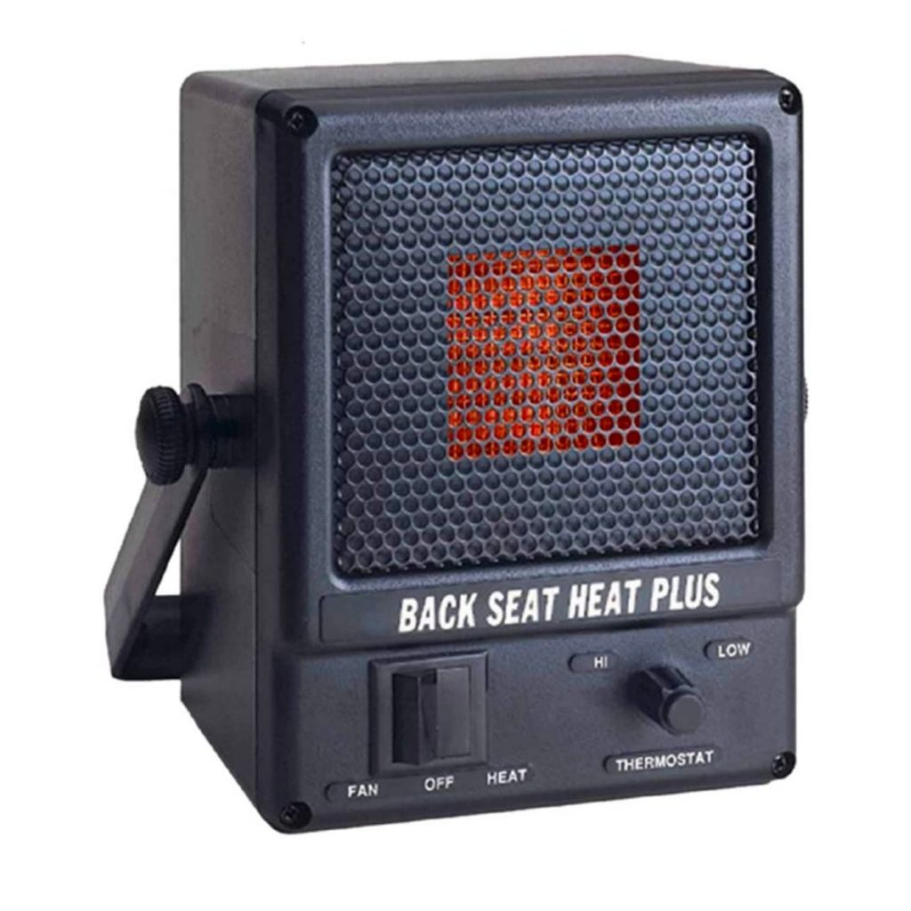 Picture showing back seat battery heater for camping