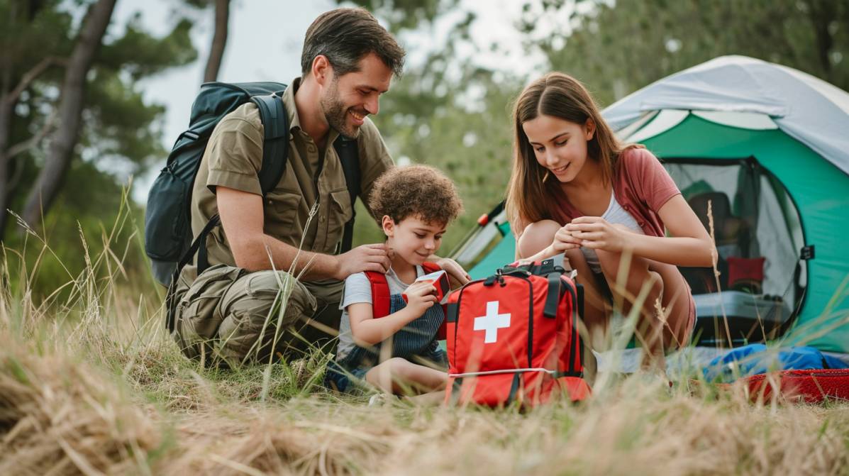 family camping and inspecting their first aid kits