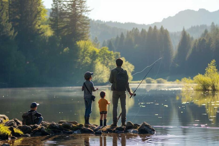 family along water fishing while camping